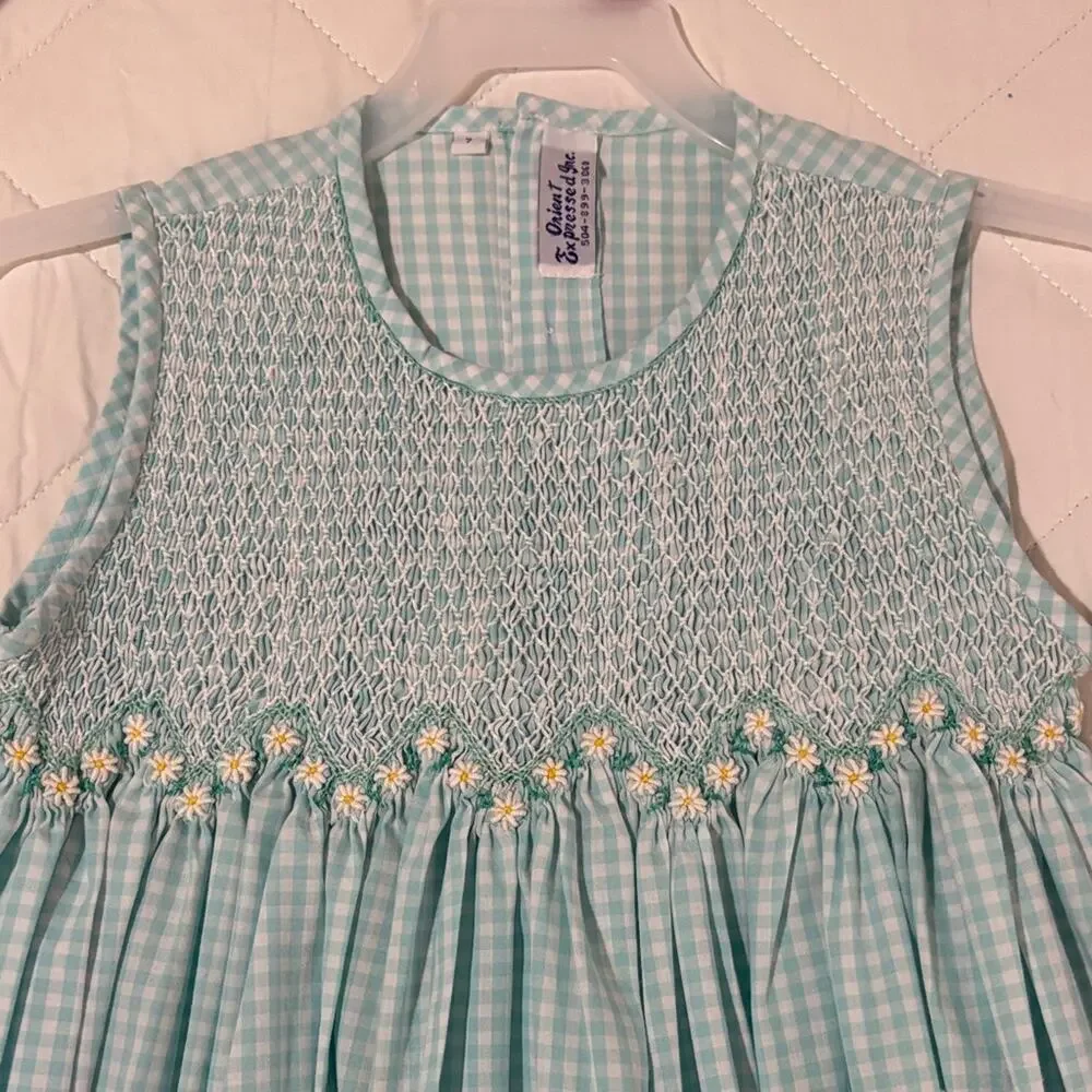 Orient express 7 Blue Gingham Sleeveless Dress smocking with daisies very long